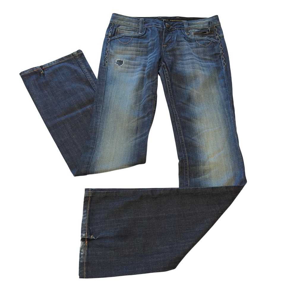 Rerock for‎ Express Women's Bootcut Jeans Blue Distressed Low Rise Size 4 Y2K